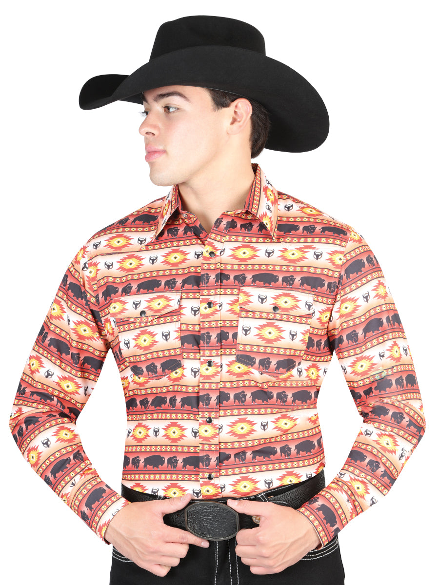 Camisa Vaquera Manga Larga de Broches Estampada Naranja para Hombre 'El General' - ID: 44314 Camisas Estampadas El General Orange