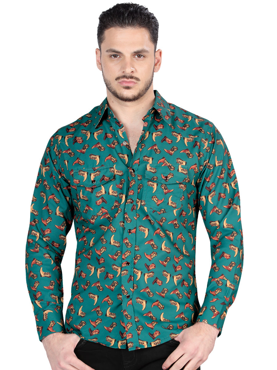 Camisa Vaquera Manga Larga Estampada Verde Oscuro para Hombre 'El General' - ID: 44319