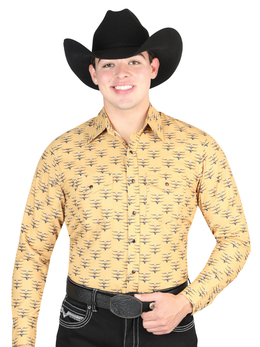 Camisa Vaquera Manga Larga de Broches Estampada Amarillo para Hombre 'El General' - ID: 44323 Camisas Estampadas El General Yellow