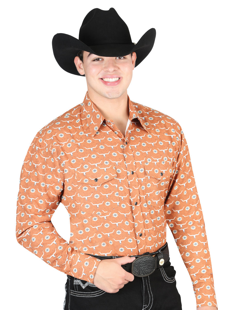 Camisa Vaquera Manga Larga de Broches Estampada Naranja para Hombre 'El General' - ID: 44328 Camisas Estampadas El General Orange