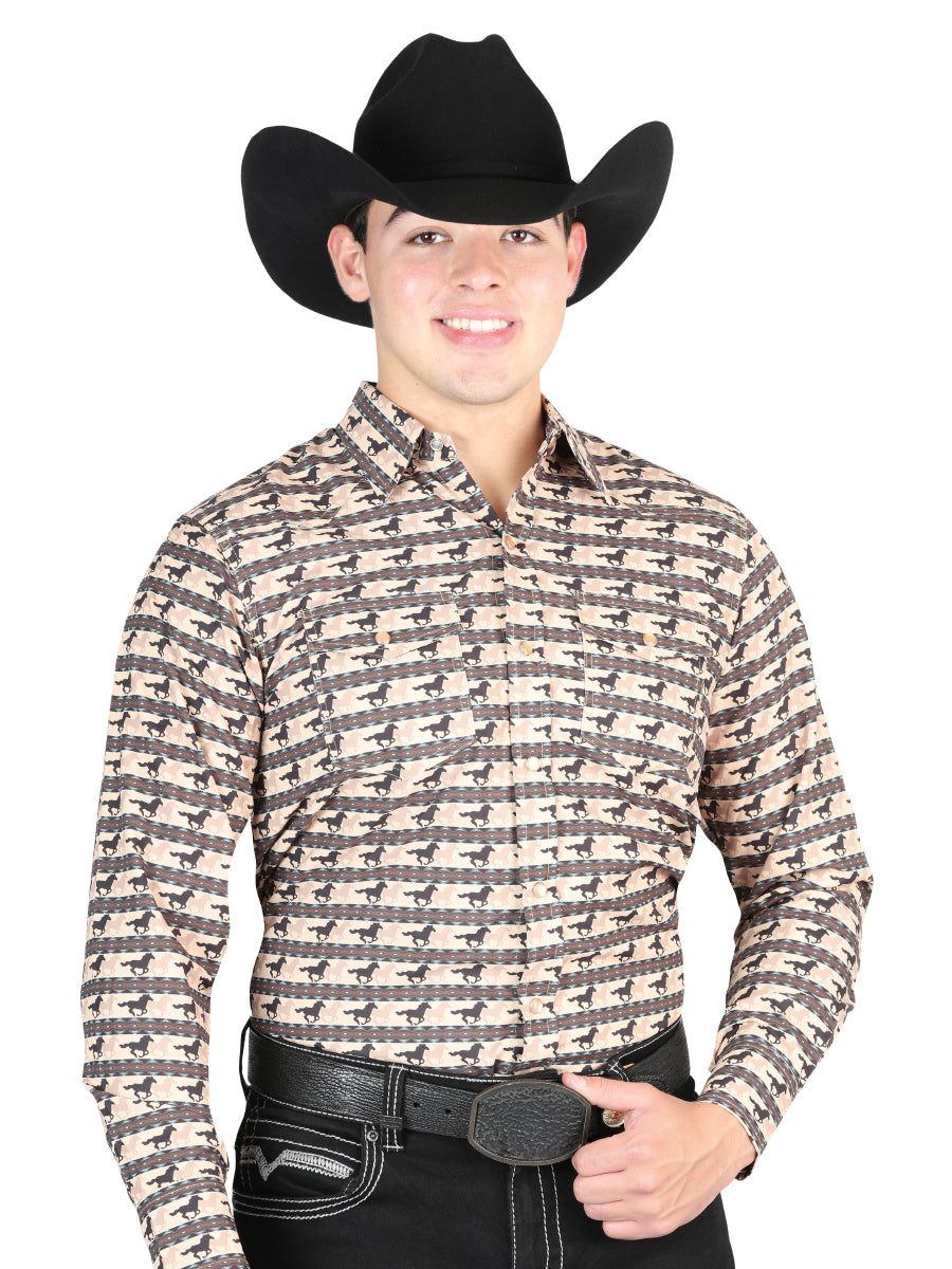 Camisa Vaquera Manga Larga de Broches Estampada Ladrillo para Hombre 'El General' - ID: 44329 Camisas Estampadas El General Brick