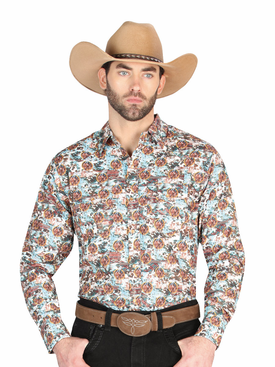 Camisa Vaquera Manga Larga Estampada Cafe para Hombre 'El Señor de los Cielos' - ID: 44330 Camisas Estampadas El Señor de los Cielos Brown