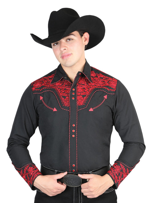 Camisa Vaquera Bordada Manga Larga Negro/Rojo para Hombre 'El General' - ID: 44335 Camisas Bordadas El General Black/Red