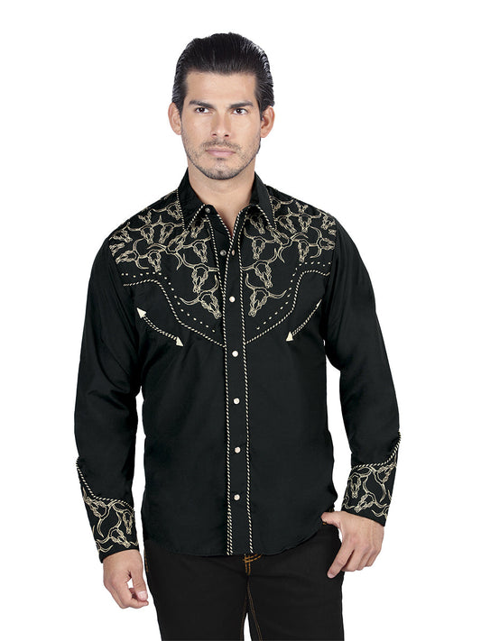 Camisa Vaquera Bordada Manga Larga Negro/Dorado para Hombre 'El General' - ID: 44338