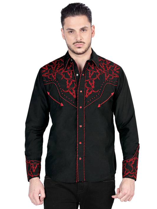 Camisa Vaquera Bordada Manga Larga Negro/Rojo para Hombre 'El General' - ID: 44339