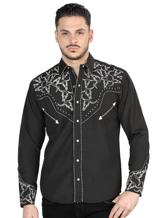 Camisa Vaquera Bordada Manga Larga Negro/Plata para Hombre 'El General' - ID: 44340