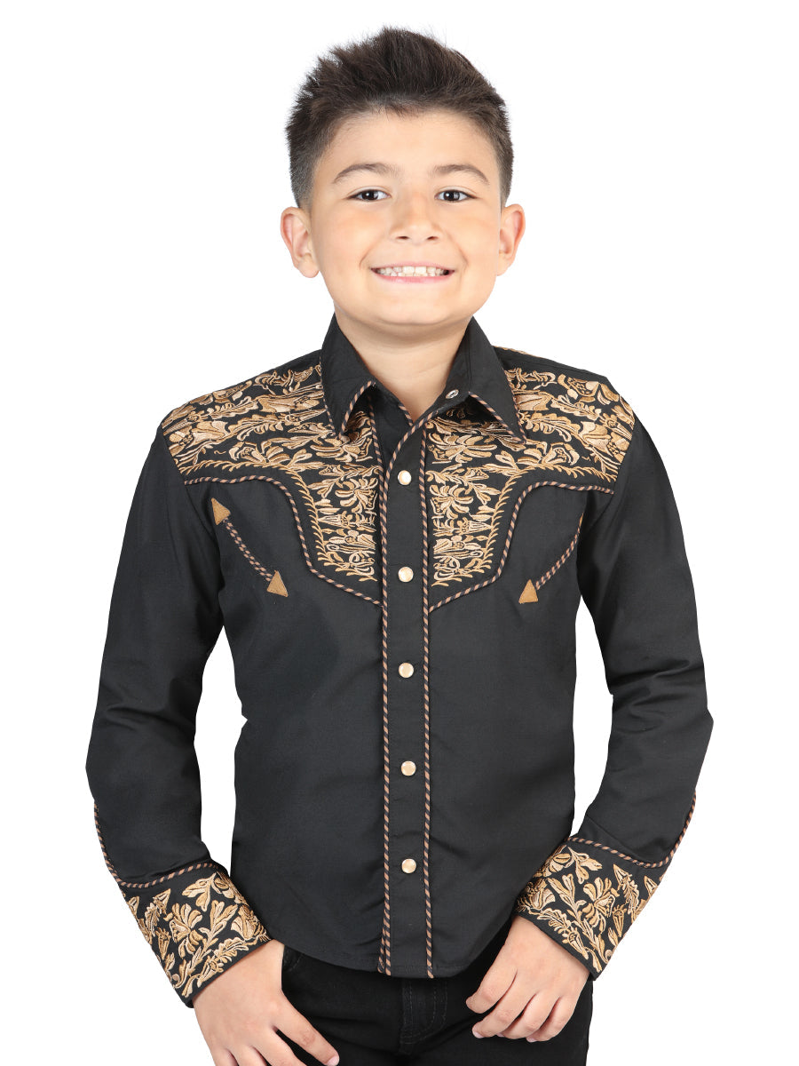 Camisa Vaquera Bordada Manga Larga Negro/Oro para Niños 'El General' - ID: 44346 Camisas Bordadas El General Black/Gold