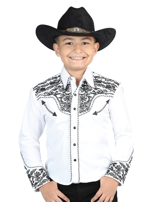 Camisa Vaquera Bordada Manga Larga Blanco/Negro para Niños 'El General' - ID: 44347 Camisas Bordadas El General White/Black