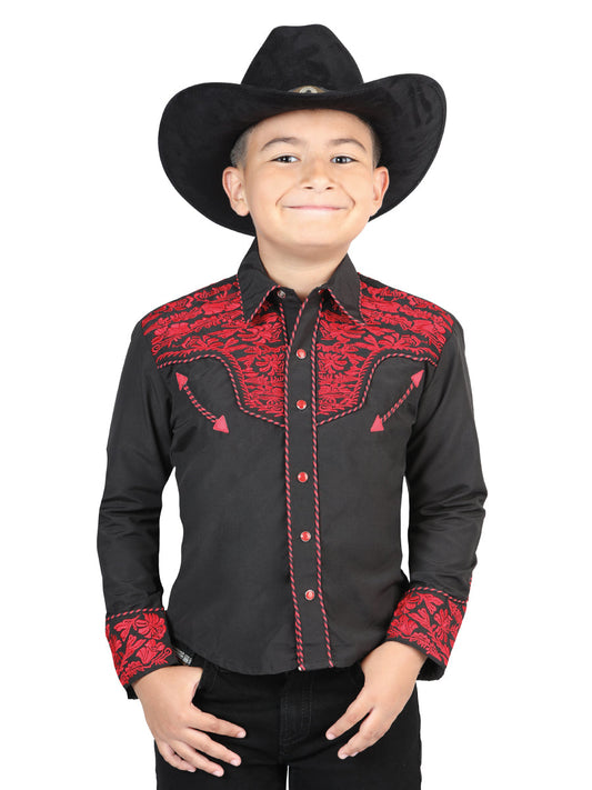 Camisa Vaquera Bordada Manga Larga Negro/Rojo para Niños 'El General' - ID: 44348 Camisas Bordadas El General Black/Red