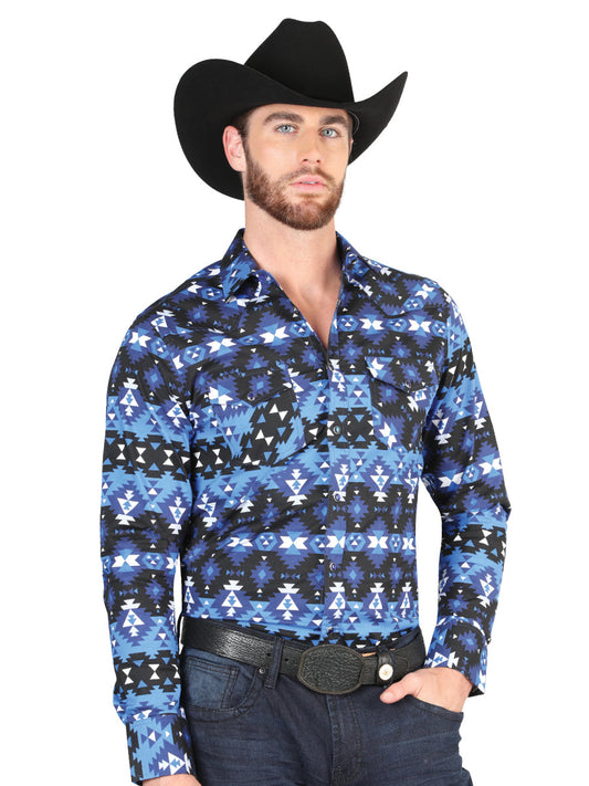 Camisa Vaquera Manga Larga de Broches Estampada Azul para Hombre 'El Señor de los Cielos' - ID: 44398 Camisas Estampadas El Señor de los Cielos Blue