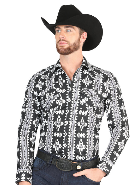 Camisa Vaquera Manga Larga de Broches Estampada Negro para Hombre 'El Señor de los Cielos' - ID: 44399 Camisas Estampadas El Señor de los Cielos Black