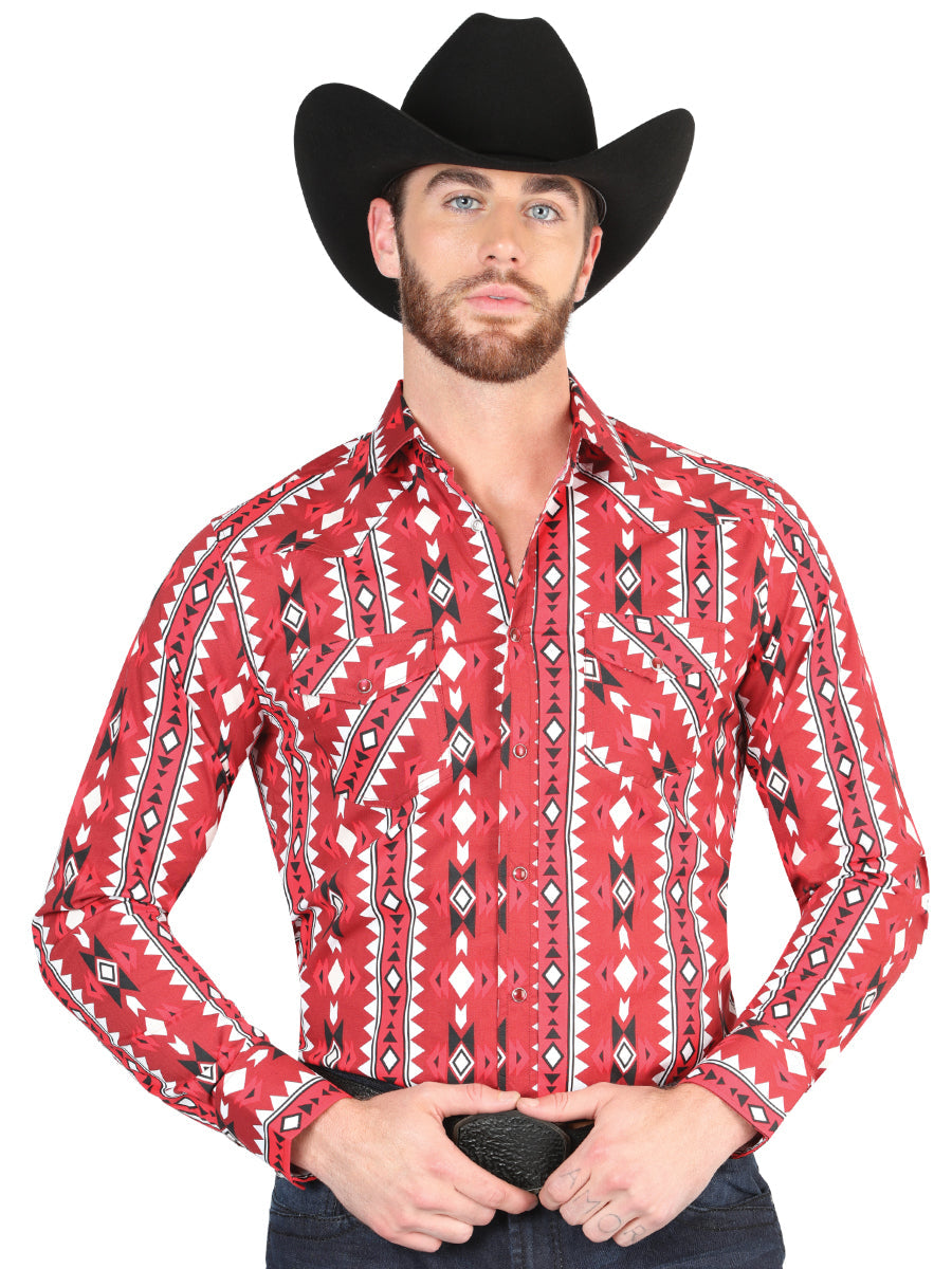 Camisa Vaquera Manga Larga de Broches Estampada Rojo para Hombre 'El Señor de los Cielos' - ID: 44401 Camisas Estampadas El Señor de los Cielos Red