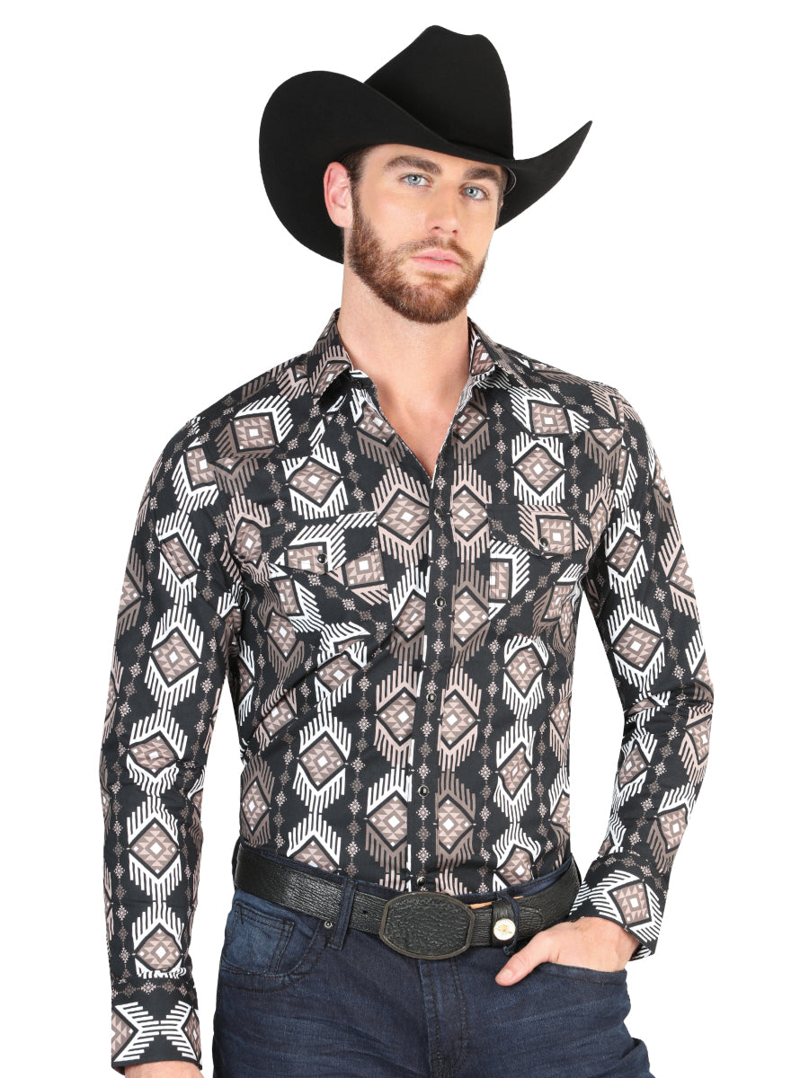 Camisa Vaquera Manga Larga de Broches Estampada Negro para Hombre 'El Señor de los Cielos' - ID: 44402 Camisas Estampadas El Señor de los Cielos Black