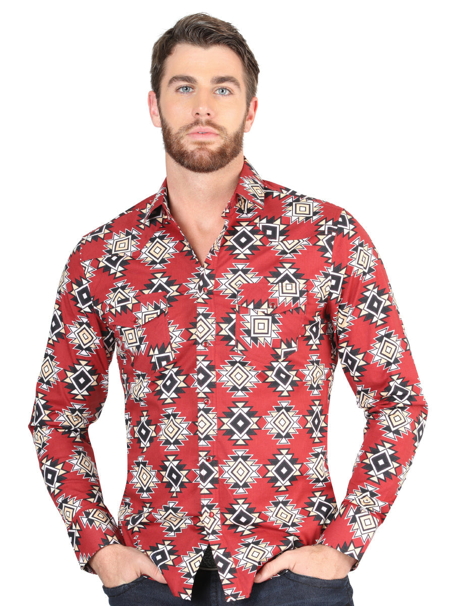 Camisa Vaquera Manga Larga de Broches Estampada Rojo para Hombre 'El Señor de los Cielos' - ID: 44404 Camisas Estampadas El Señor de los Cielos Red