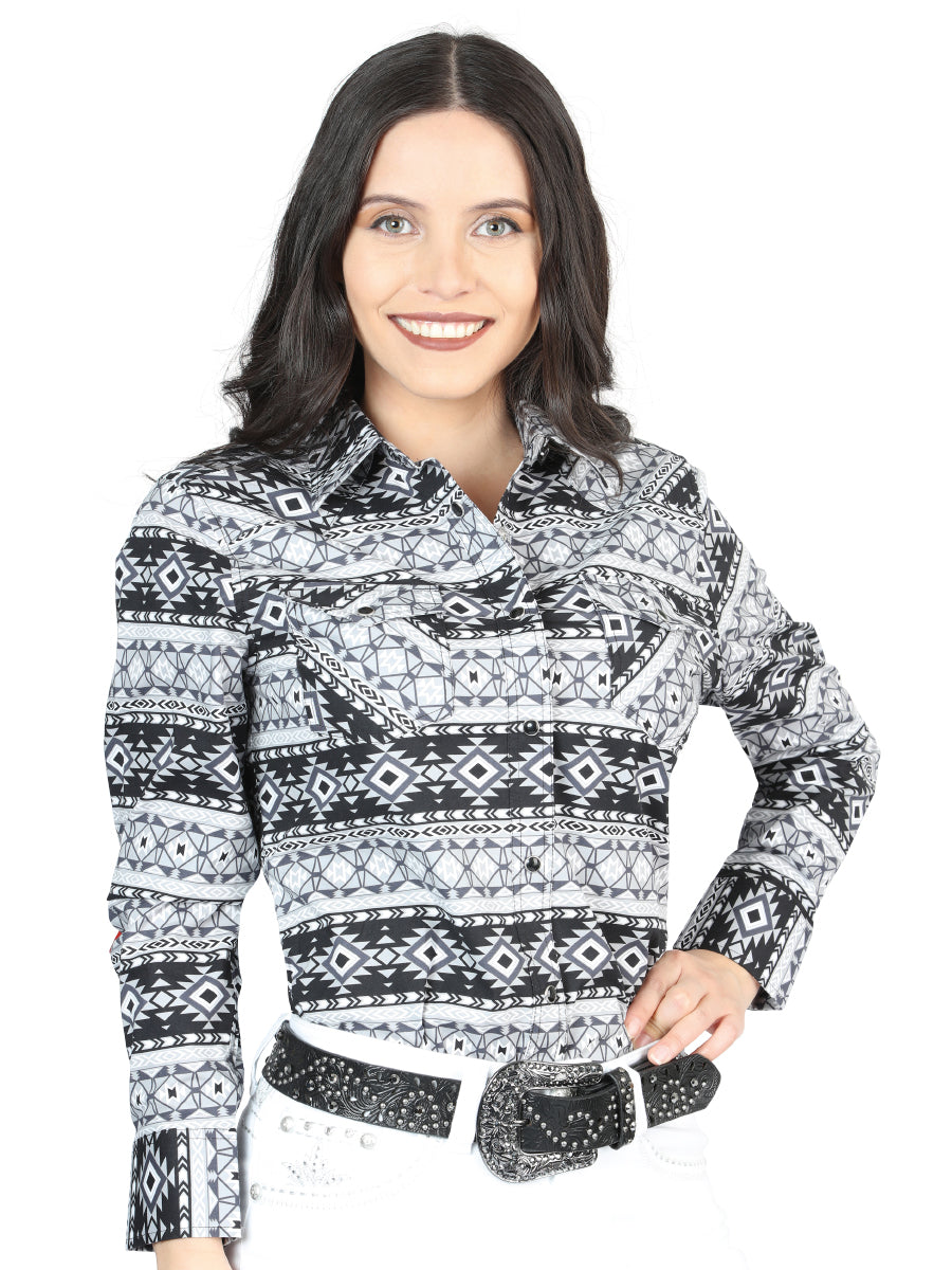 Camisa Vaquera Manga Larga de Broches Estampada Blanco/Negro para Mujer 'El Señor de los Cielos' - ID: 44405 Camisas Estampadas El Señor de los Cielos White/Black