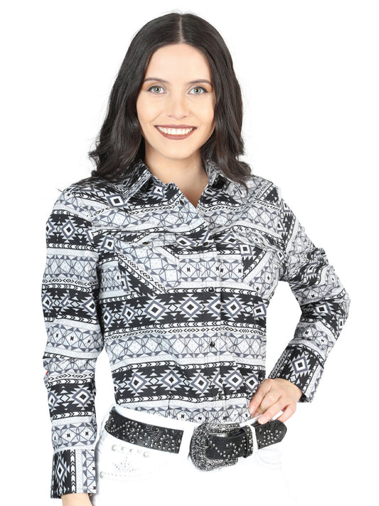Camisa Vaquera Manga Larga de Broches Estampada Blanco/Negro para Mujer 'El Señor de los Cielos' - ID: 44405 Camisas Estampadas El Señor de los Cielos White/Black
