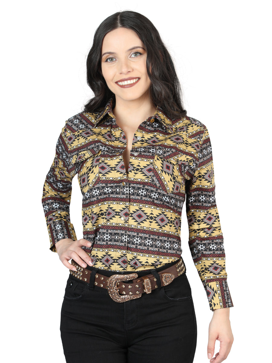 Camisa Vaquera Manga Larga de Broches Estampada Amarillo para Mujer 'El Señor de los Cielos' - ID: 44406 Camisas Estampadas El Señor de los Cielos Yellow