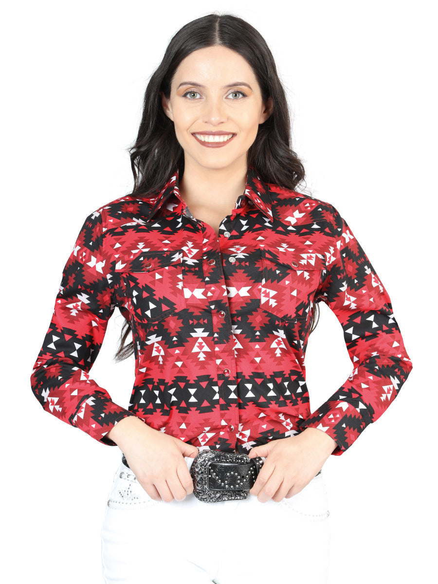 Camisa Vaquera Manga Larga de Broches Estampada Rojo para Mujer 'El Señor de los Cielos' - ID: 44408 Camisas Estampadas El Señor de los Cielos Red