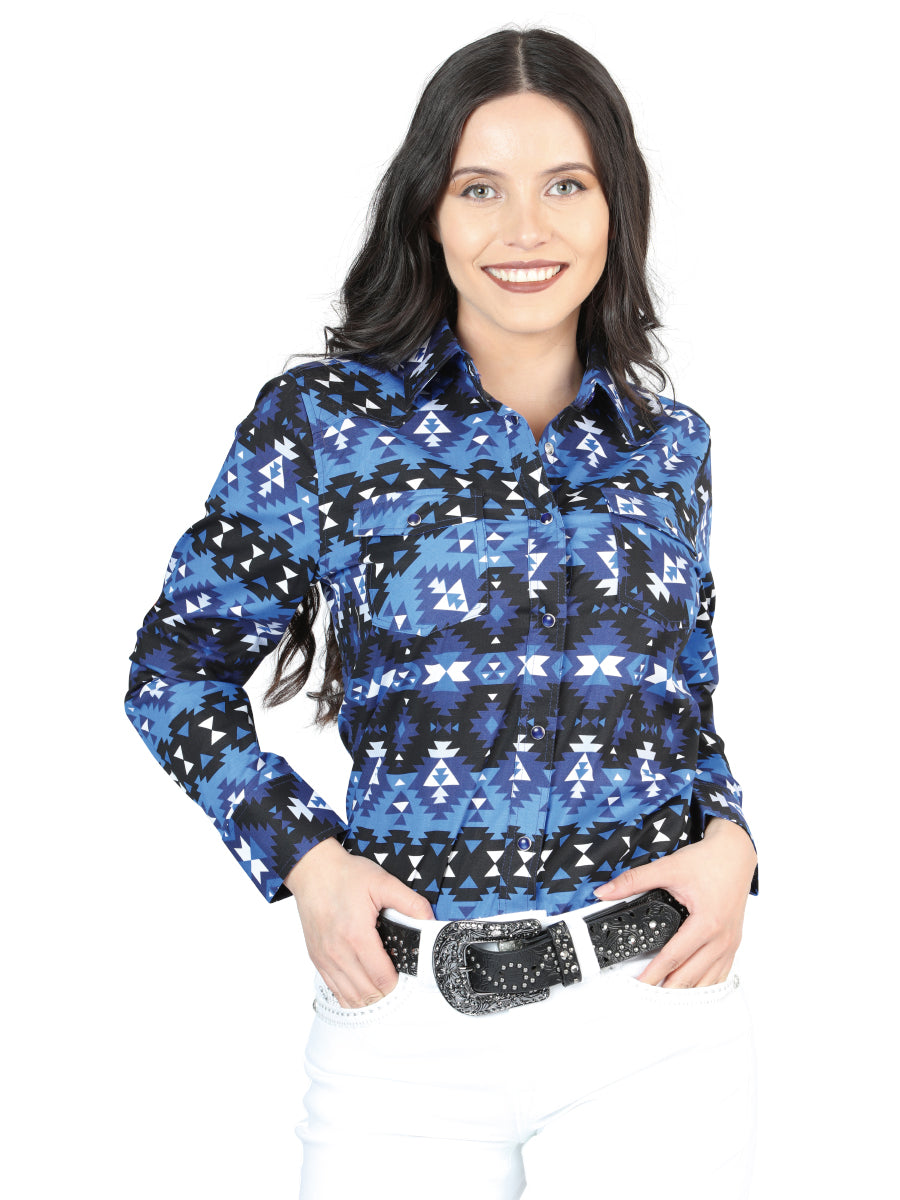 Camisa Vaquera Manga Larga de Broches Estampada Azul para Mujer 'El Señor de los Cielos' - ID: 44410 Camisas Estampadas El Señor de los Cielos Blue