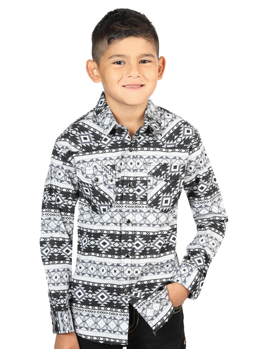 Camisa Vaquera Manga Larga de Broches Estampada Blanco/Negro para Niños 'El Señor de los Cielos' - ID: 44411 Camisas Estampadas El Señor de los Cielos White/Black