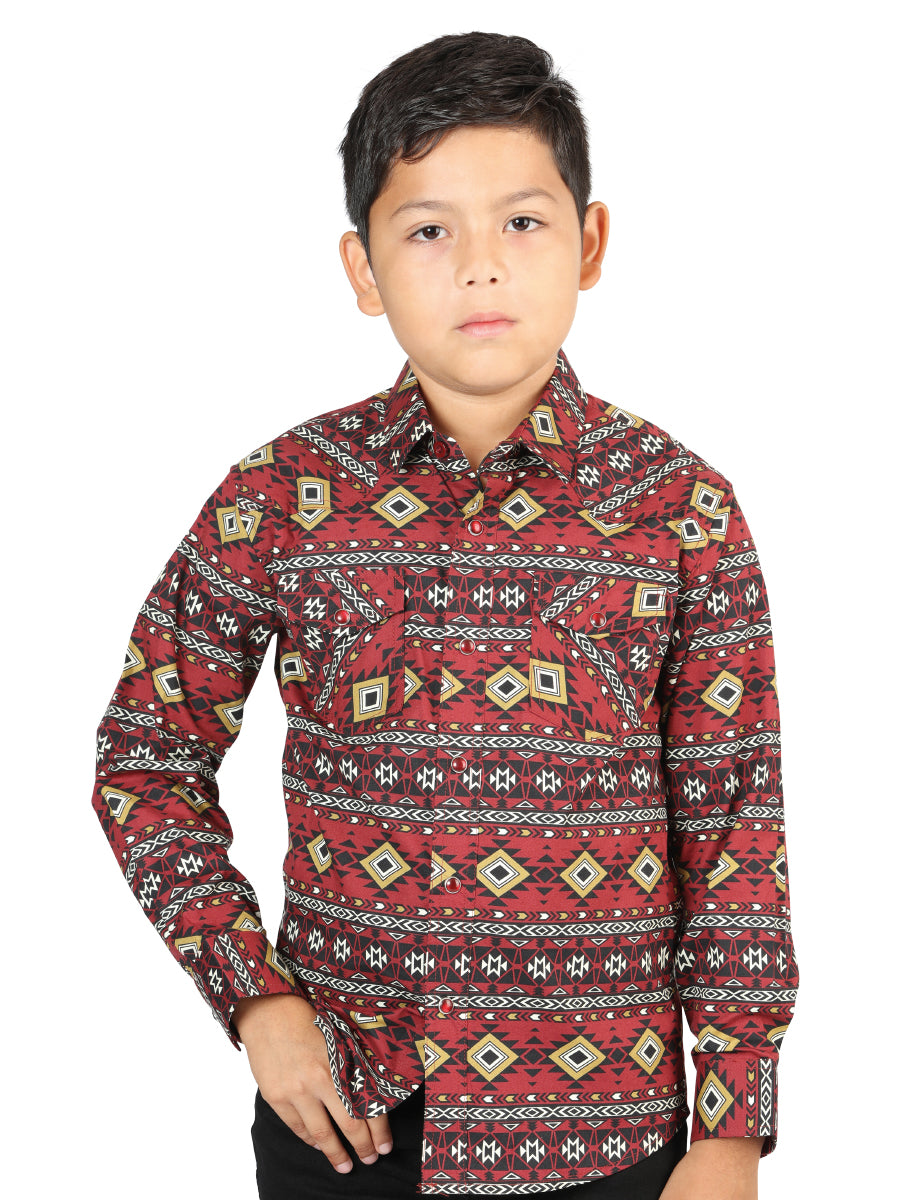 Camisa Vaquera Manga Larga de Broches Estampada Burgandy para Niños 'El Señor de los Cielos' - ID: 44413 Camisas Estampadas El Señor de los Cielos Burgandy