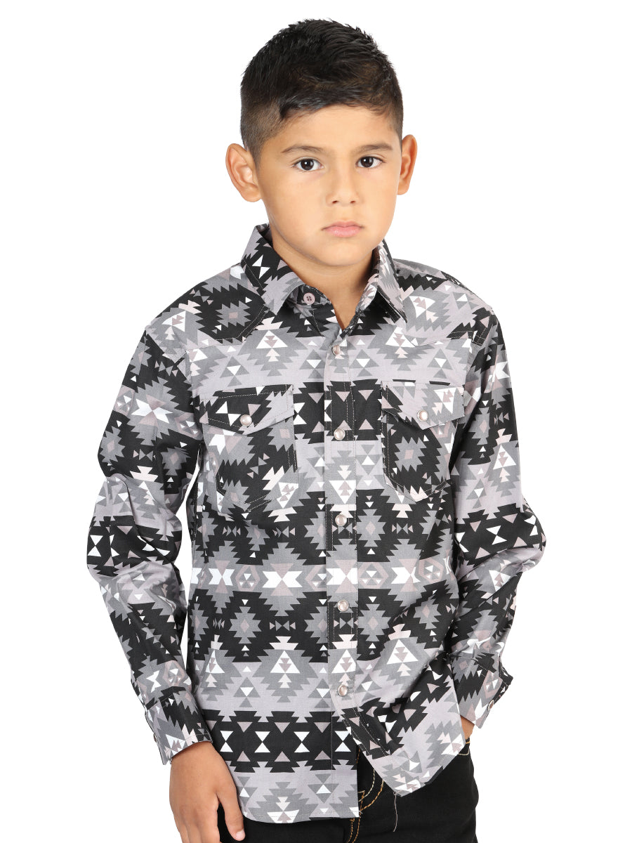 Camisa Vaquera Manga Larga de Broches Estampada Negro para Niños 'El Señor de los Cielos' - ID: 44415 Camisas Estampadas El Señor de los Cielos Black