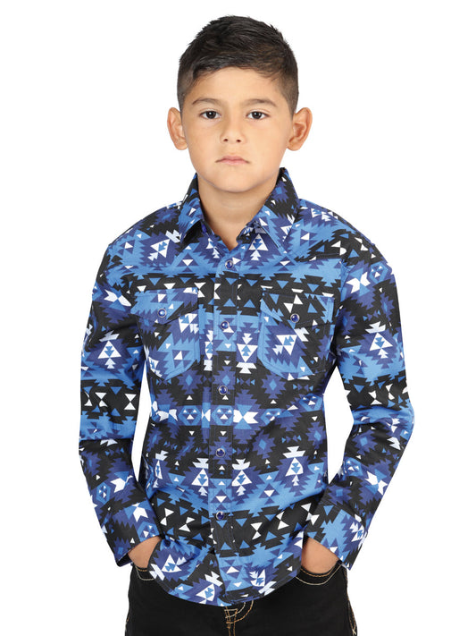 Camisa Vaquera Manga Larga de Broches Estampada Azul para Niños 'El Señor de los Cielos' - ID: 44416 Western Shirt El Señor de los Cielos Blue