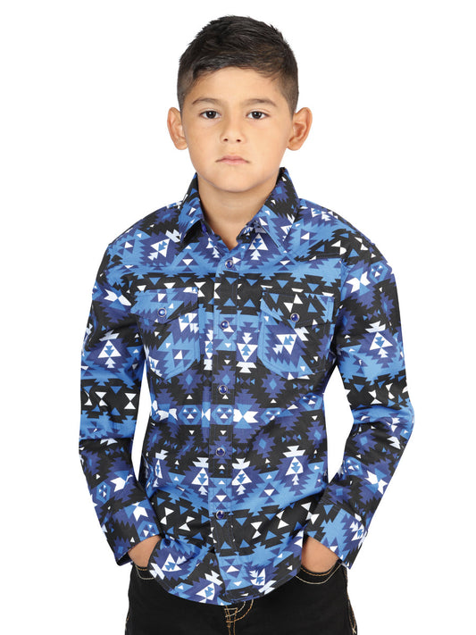 Camisa Vaquera Manga Larga de Broches Estampada Azul para Niños 'El Señor de los Cielos' - ID: 44416 Camisas Estampadas El Señor de los Cielos Blue