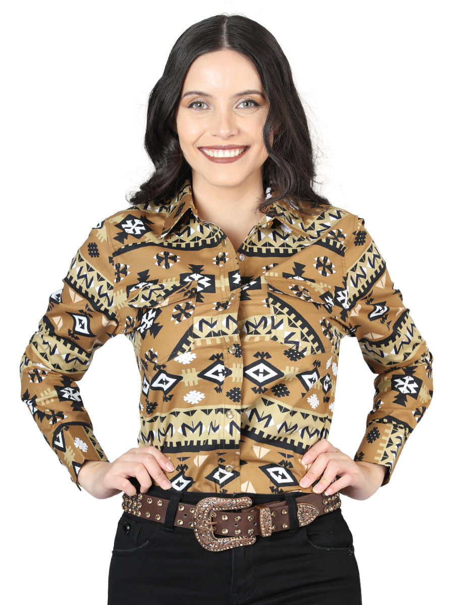 Camisa Vaquera Manga Larga de Broches Estampada Mostaza para Mujer 'El Señor de los Cielos' - ID: 44421 Camisas Estampadas El Señor de los Cielos Mustard