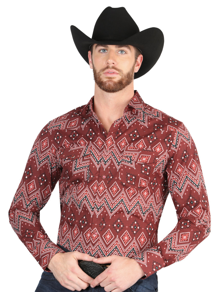 Camisa Vaquera Manga Larga de Broches Estampada Burgandy para Hombre 'El Señor de los Cielos' - ID: 44431 Camisas Estampadas El Señor de los Cielos Burgandy