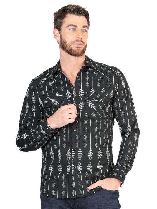 Camisa Vaquera Manga Larga de Broches Estampada Negro/Blanco para Hombre 'El Señor de los Cielos' - ID: 44433 Camisas Estampadas El Señor de los Cielos Black/White