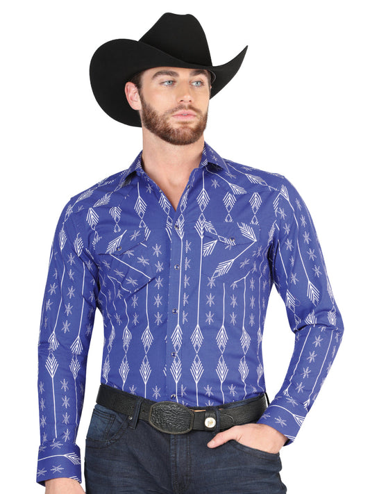 Camisa Vaquera Manga Larga de Broches Estampada Azul/Blanco para Hombre 'El Señor de los Cielos' - ID: 44434 Camisas Estampadas El Señor de los Cielos Blue/White