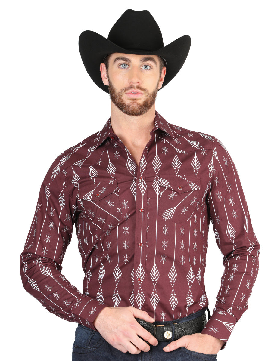 Camisa Vaquera Manga Larga de Broches Estampada Burgandy para Hombre 'El Señor de los Cielos' - ID: 44435 Camisas Estampadas El Señor de los Cielos Burgandy