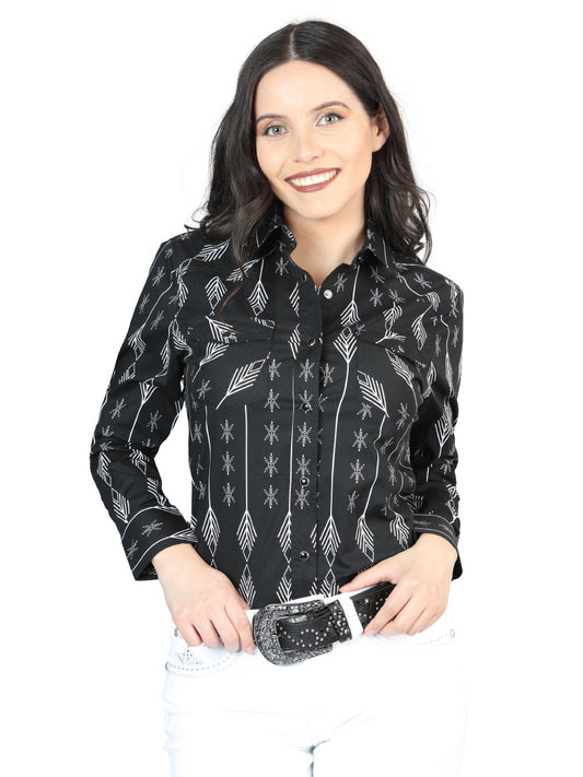 Camisa Vaquera Manga Larga de Broches Estampada Negro/Blanco para Mujer 'El Señor de los Cielos' - ID: 44436 Camisas Estampadas El Señor de los Cielos Black/White