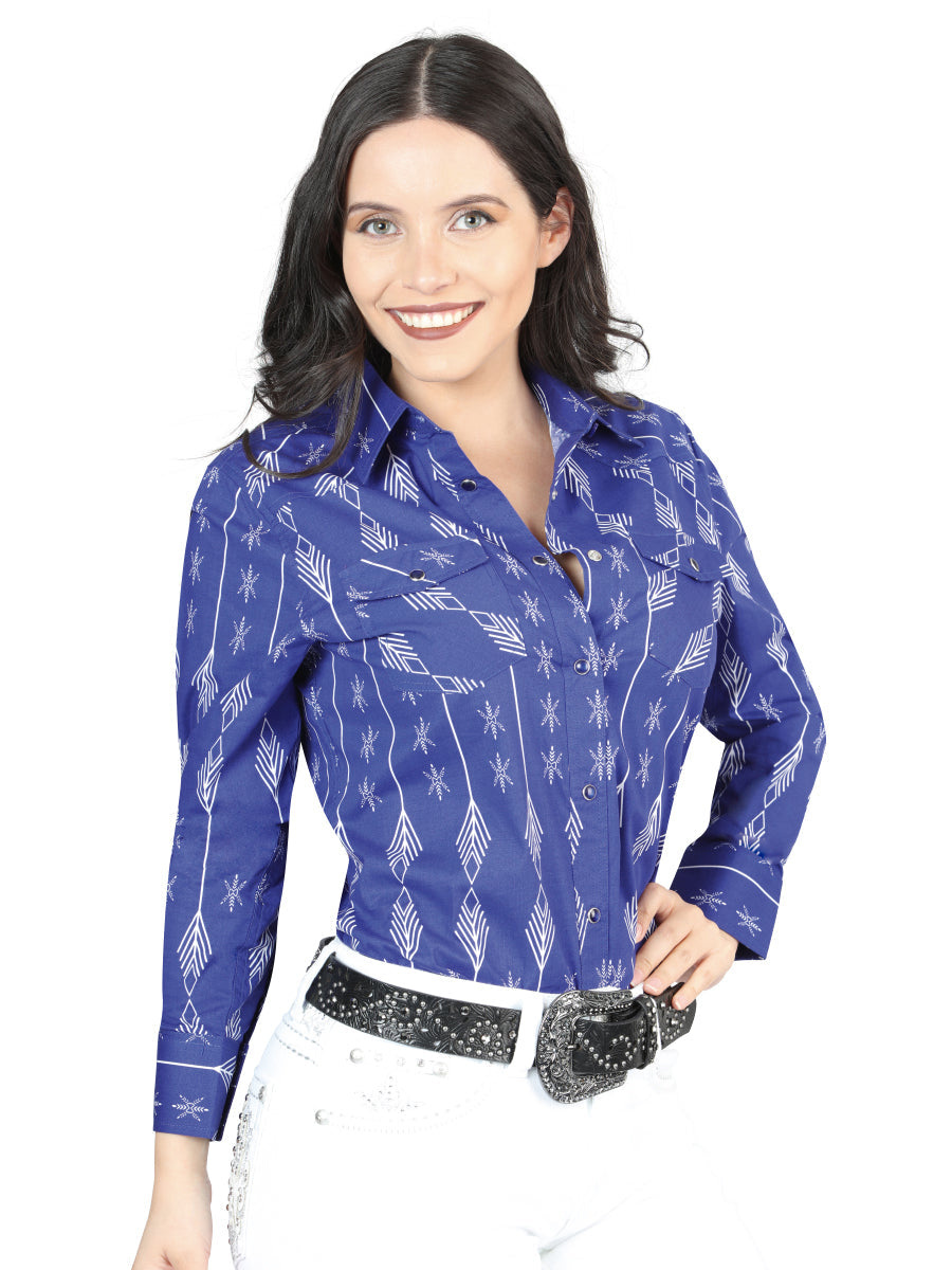 Camisa Vaquera Manga Larga de Broches Estampada Azul/Blanco para Mujer 'El Señor de los Cielos' - ID: 44437 Camisas Estampadas El Señor de los Cielos Blue/White