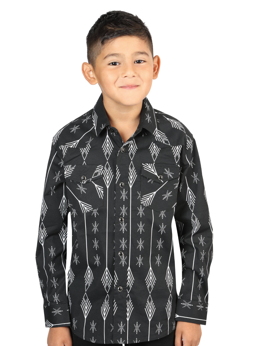 Camisa Vaquera Manga Larga de Broches Estampada Negro/Blanco para Niños 'El Señor de los Cielos' - ID: 44439 Camisas Estampadas El Señor de los Cielos Black/White