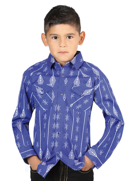 Camisa Vaquera Manga Larga de Broches Estampada Azul/Blanco para Niños 'El Señor de los Cielos' - ID: 44440 Camisas Estampadas El Señor de los Cielos Blue/White