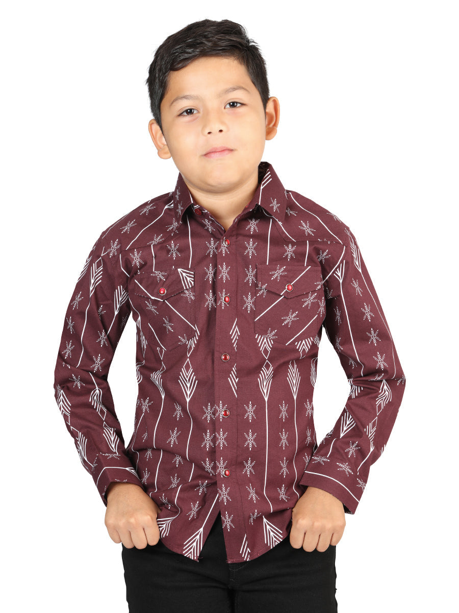 Camisa Vaquera Manga Larga de Broches Estampada Burgandy para Niños 'El Señor de los Cielos' - ID: 44441 Camisas Estampadas El Señor de los Cielos Burgandy