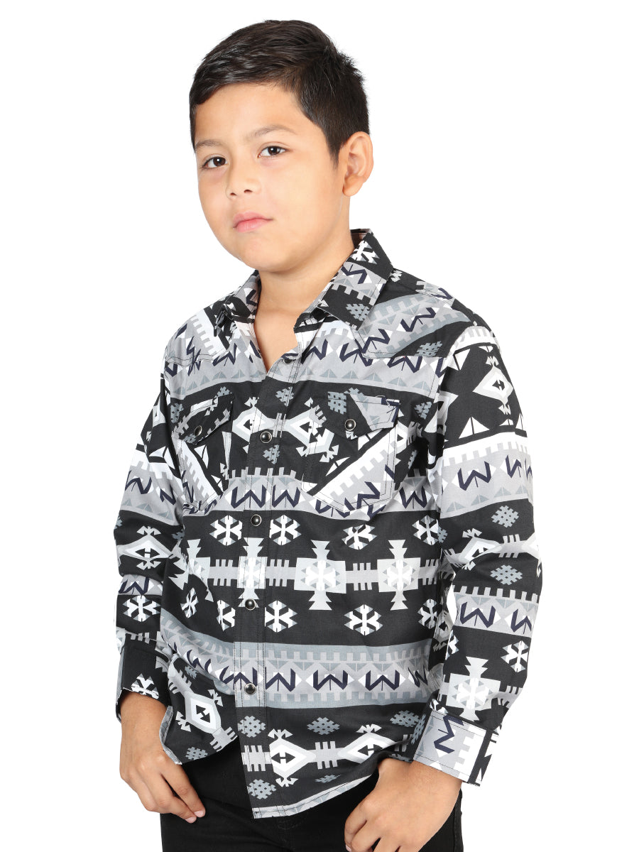 Camisa Vaquera Manga Larga de Broches Estampada Negro/Blanco para Niños 'El Señor de los Cielos' - ID: 44444 Camisas Estampadas El Señor de los Cielos Black/White