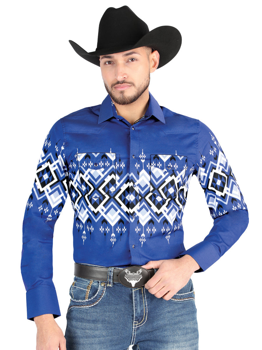 Camisa Vaquera Manga Larga Estampada Azul para Hombre 'El Señor de los Cielos' - ID: 44449 Camisas Estampadas El Señor de los Cielos Blue