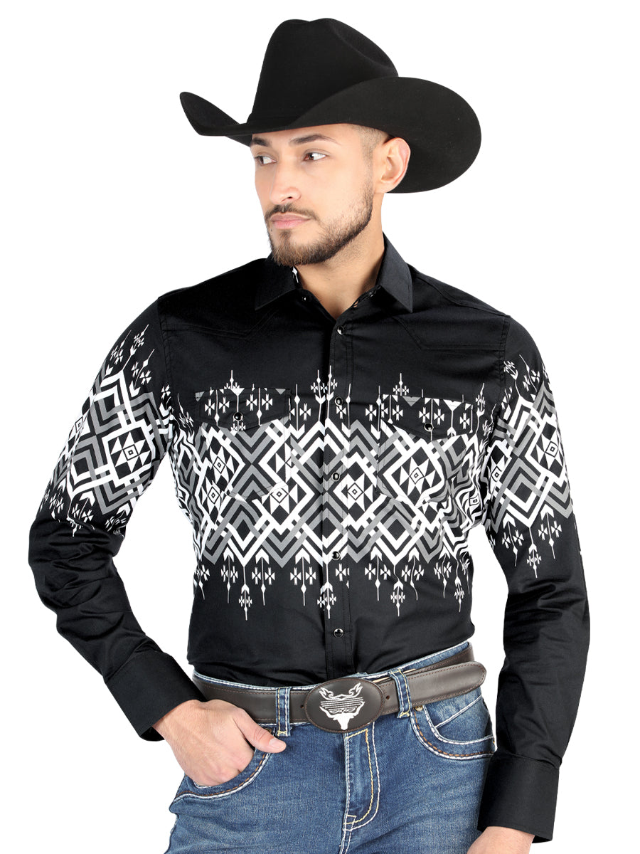 Camisa Vaquera Manga Larga Estampada Negro para Hombre 'El Señor de los Cielos' - ID: 44451 Camisas Estampadas El Señor de los Cielos Black