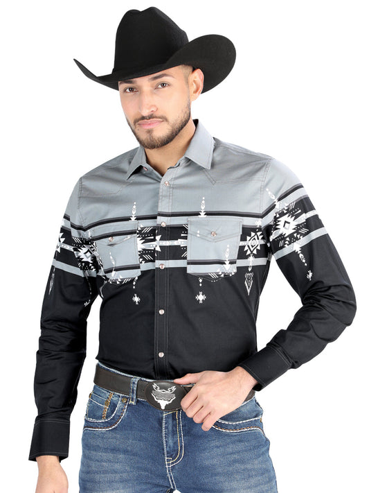 Camisa Vaquera Manga Larga Estampada Negro/Gris para Hombre 'El Señor de los Cielos' - ID: 44452 Camisas Estampadas El Señor de los Cielos Black/Gray