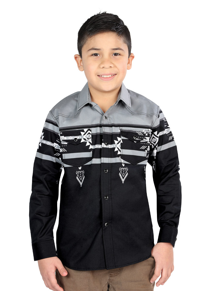 Camisa Vaquera Manga Larga Estampada Negro/Gris para Niños 'El Señor de los Cielos' - ID: 44467 Camisas Estampadas El Señor de los Cielos Black/Gray