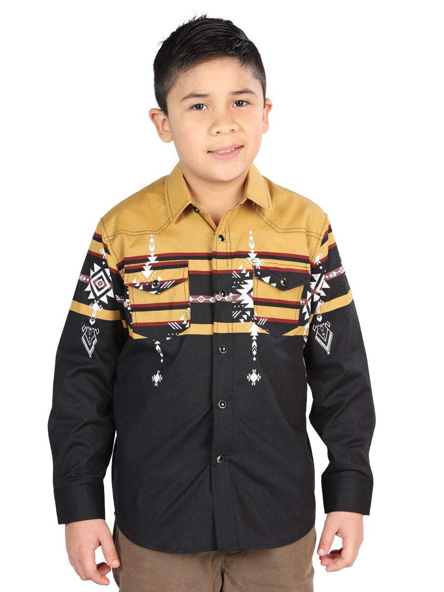 Camisa Vaquera Manga Larga Estampada Negro/Mostaza para Niños 'El Señor de los Cielos' - ID: 44468 Camisas Estampadas El Señor de los Cielos Black/Mustard