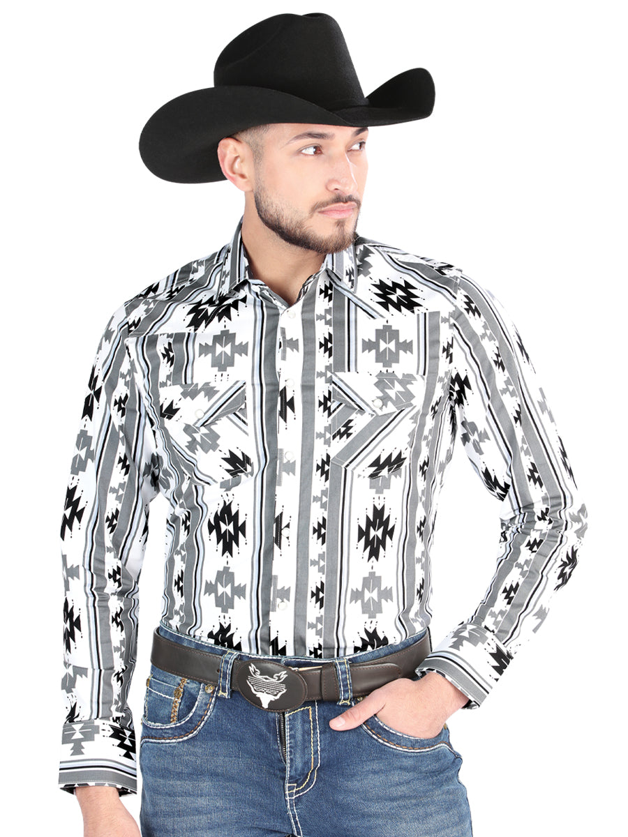 Camisa Vaquera Manga Larga Estampada Blanco para Hombre 'El Señor de los Cielos' - ID: 44470 Camisas Estampadas El Señor de los Cielos White