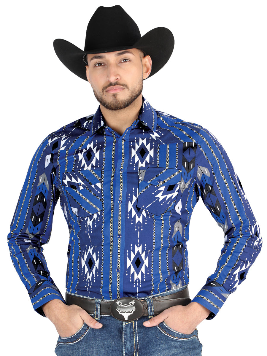 Camisa Vaquera Manga Larga Estampada Azul para Hombre 'El Señor de los Cielos' - ID: 44474 Camisas Estampadas El Señor de los Cielos Blue