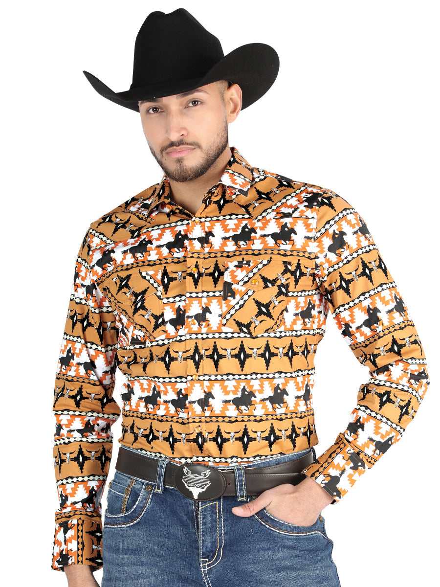 Camisa Vaquera Manga Larga Estampada Caballos Taupe para Hombre 'El Señor de los Cielos' - ID: 44477 Camisas Estampadas El Señor de los Cielos Taupe