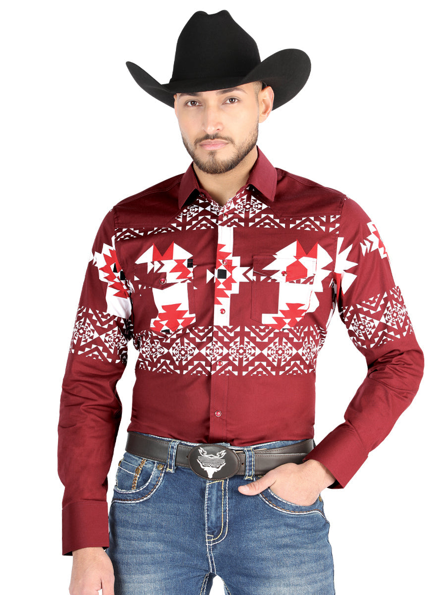 Camisa Vaquera Manga Larga Estampada Burgandy para Hombre 'El Señor de los Cielos' - ID: 44484 Camisas Estampadas El Señor de los Cielos Burgandy