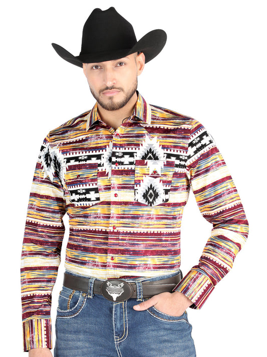 Camisa Vaquera Manga Larga Estampada Cafe para Hombre 'El Señor de los Cielos' - ID: 44487 Camisas Estampadas El Señor de los Cielos Brown