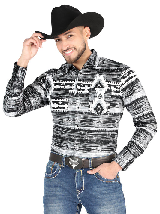 Camisa Vaquera Manga Larga Estampada Gris para Hombre 'El Señor de los Cielos' - ID: 44488 Camisas Estampadas El Señor de los Cielos Gray